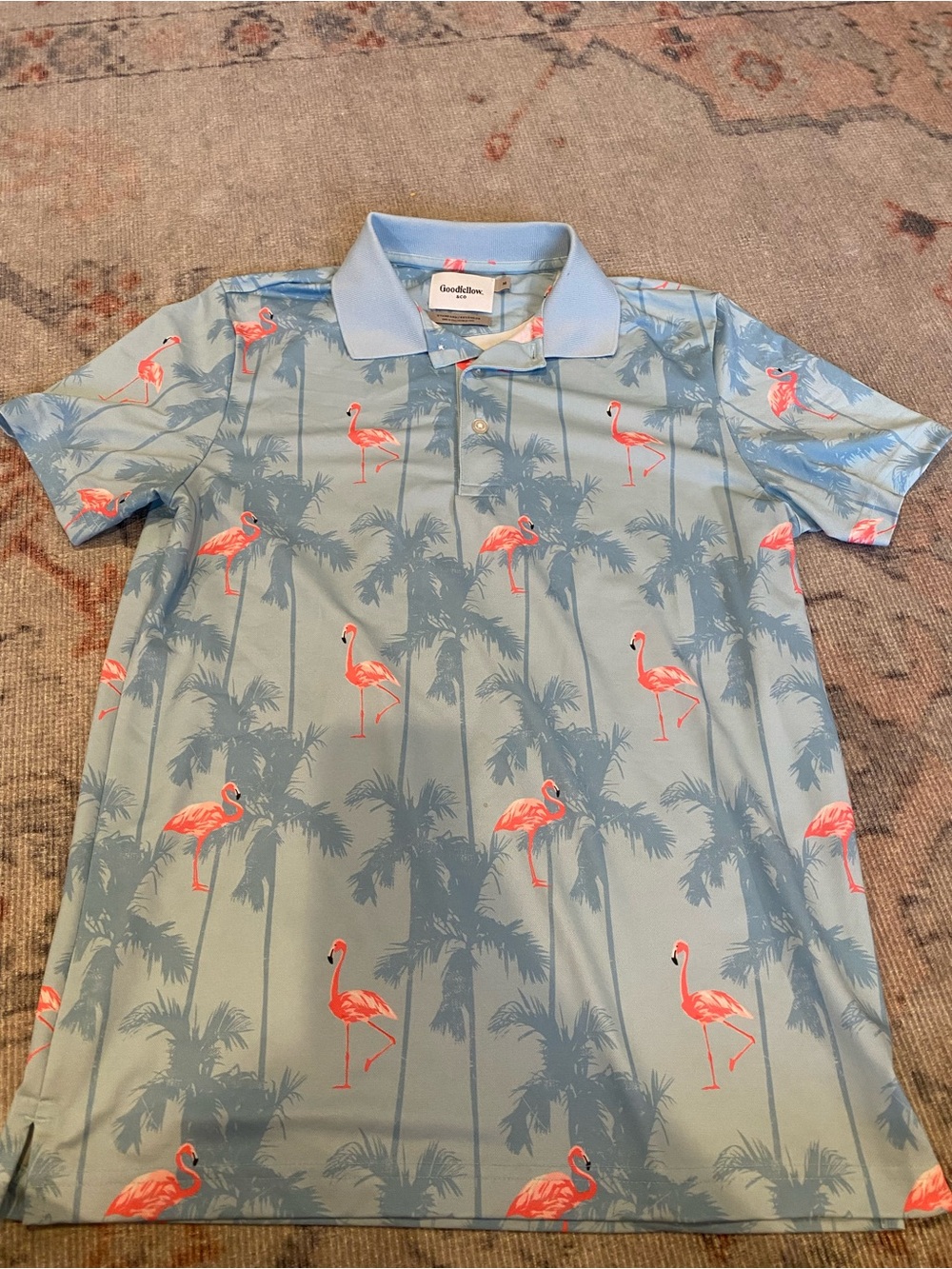 Goodfellow & Co Light Blue Polo with Pink Flamingo Print